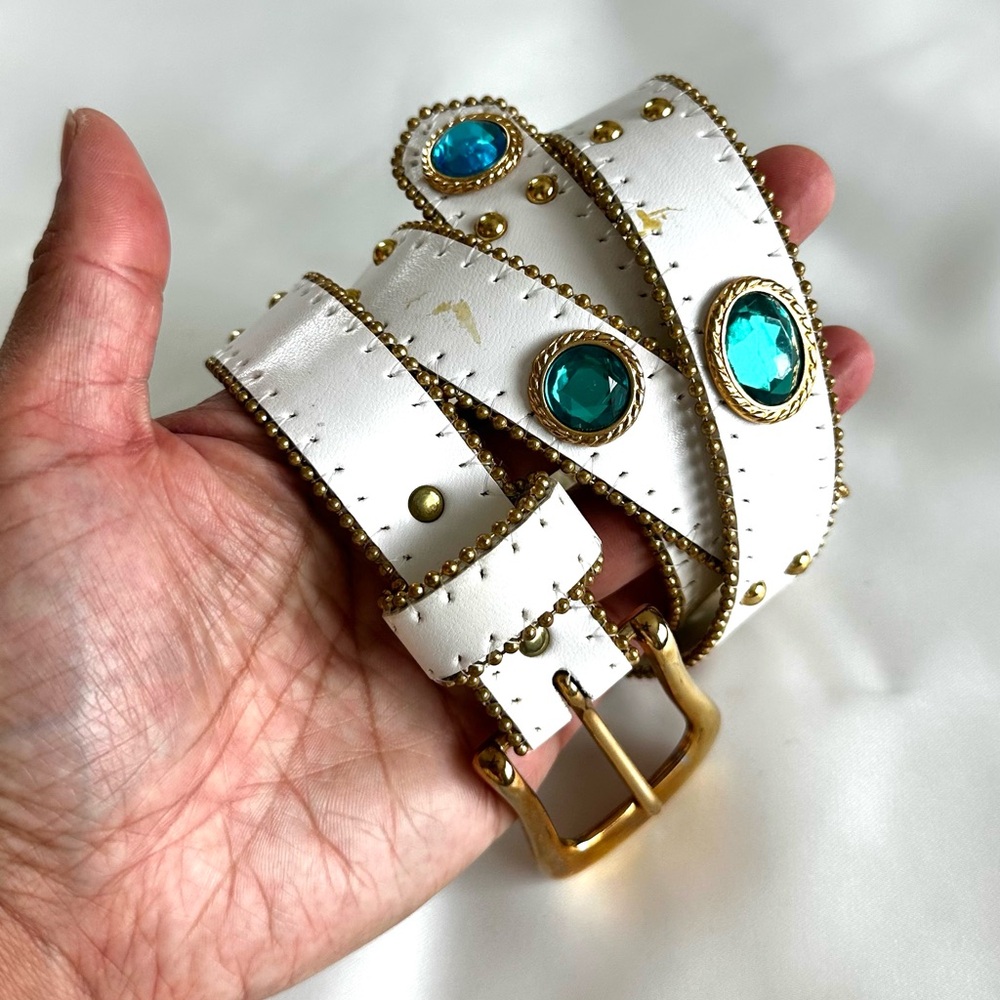 Vintage early 1990s Synthetic Jewel Embellished White Leather Waist Belt -Large